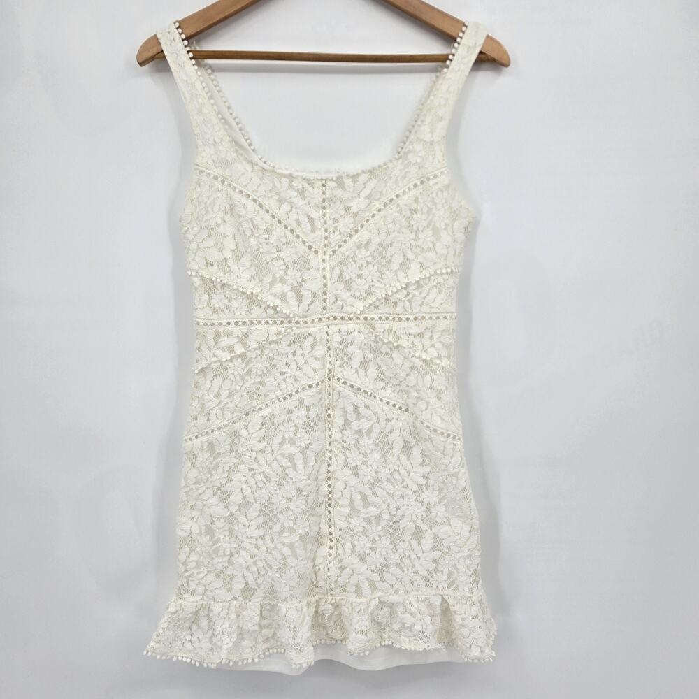 Floret Studios White Lace Ruffle Hem Mini Dress Coquette Romantic Bridal Size M